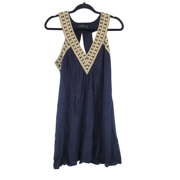 THML Navy Blue Sleeveless Swing Dress Sz L Embroidered V-Neck Cutout Back Rayon - Picture 1 of 9